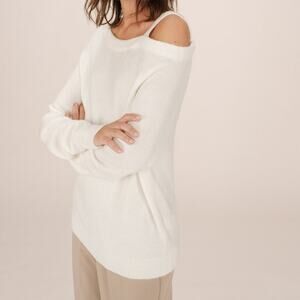 SWTR Cream Merino Wool Cashmere Cold Shoulder Pullover Ribbed Sweater Small